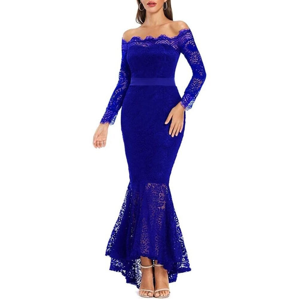 Women's Blue Floral Lace Long Sleeve Off Shoulder Wedding Mermaid Dress